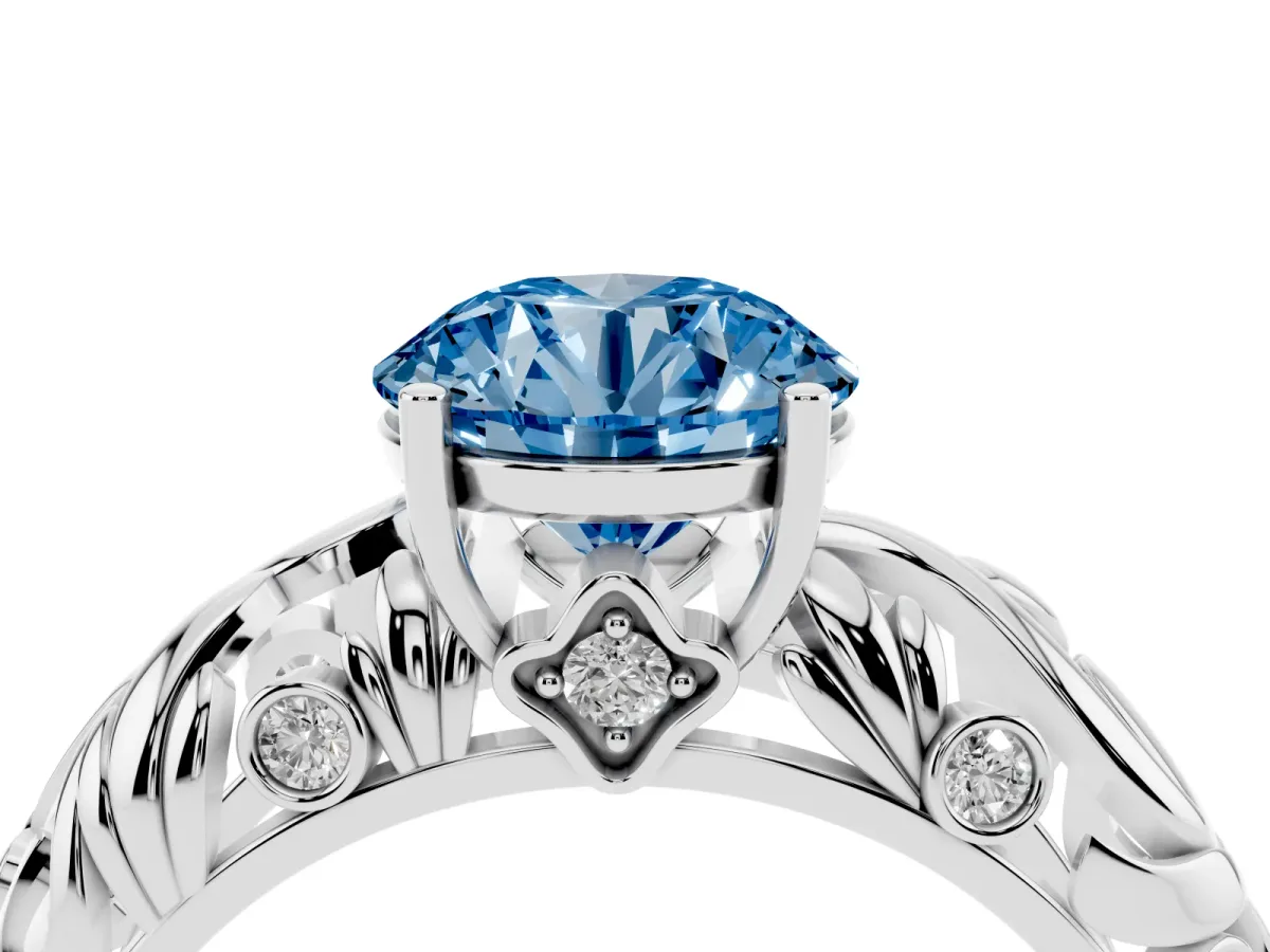 Fancy Blue Round Cut Solitaire Diamond Leaf-Inspired Vine Band Ring with Prong Setting Silver