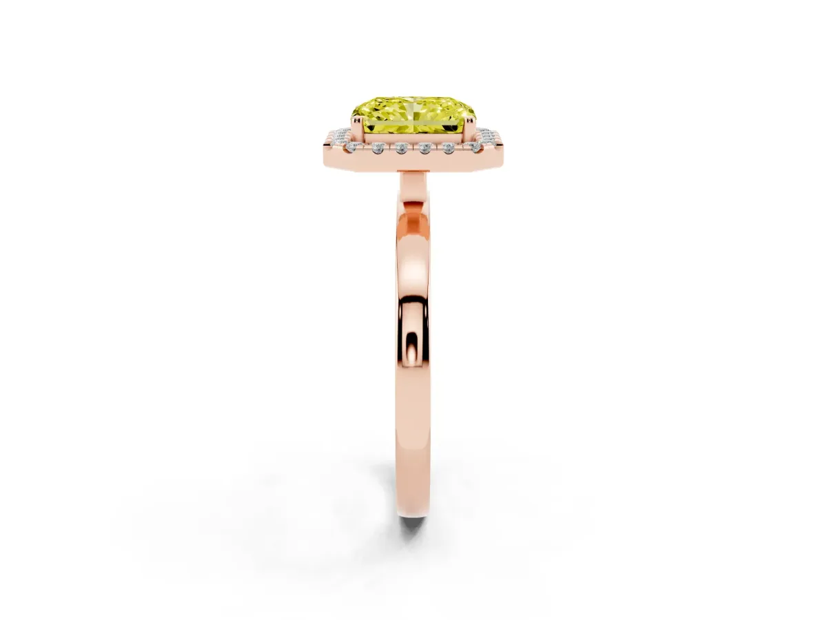 Fancy Yellow Radiant Cut Halo Diamond Solitaire with Pavé Band and Four-Prong Setting Rose gold