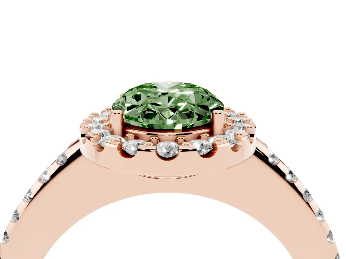 Fancy Green Oval Cut Diamond Pavé Halo Ring with Four-Prong Setting Rose gold