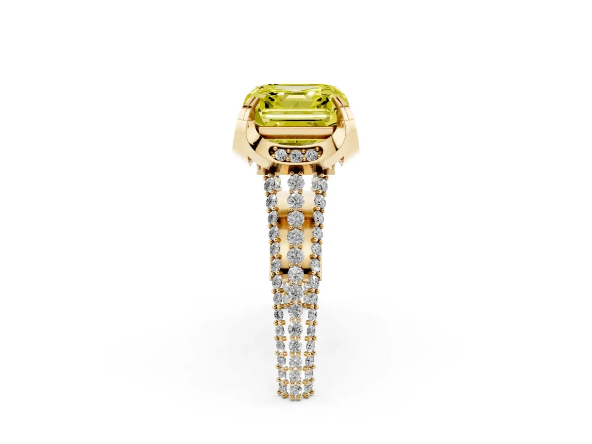 Fancy Yellow Asscher Cut Solitaire Pave Split Shank Ring with Four-Prong Setting Yellow gold