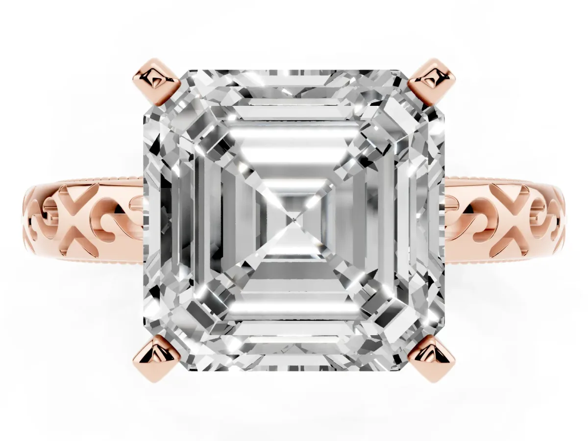 Asscher Cut Solitaire Engagement Ring with Scrollwork Band and Four-Prong Setting Rose gold