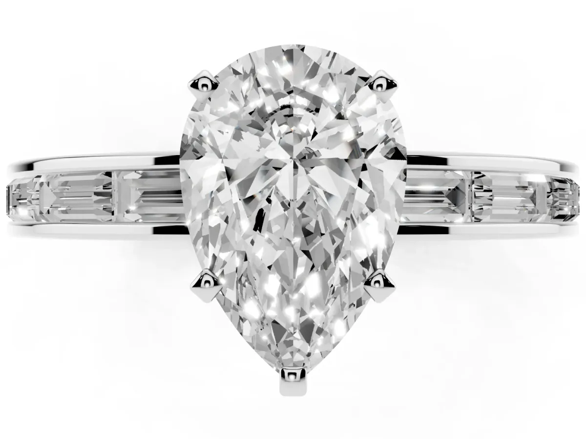 Pear Cut Solitaire Diamond Ring with Channel-Set Baguette Band and Four-Prong Setting White gold