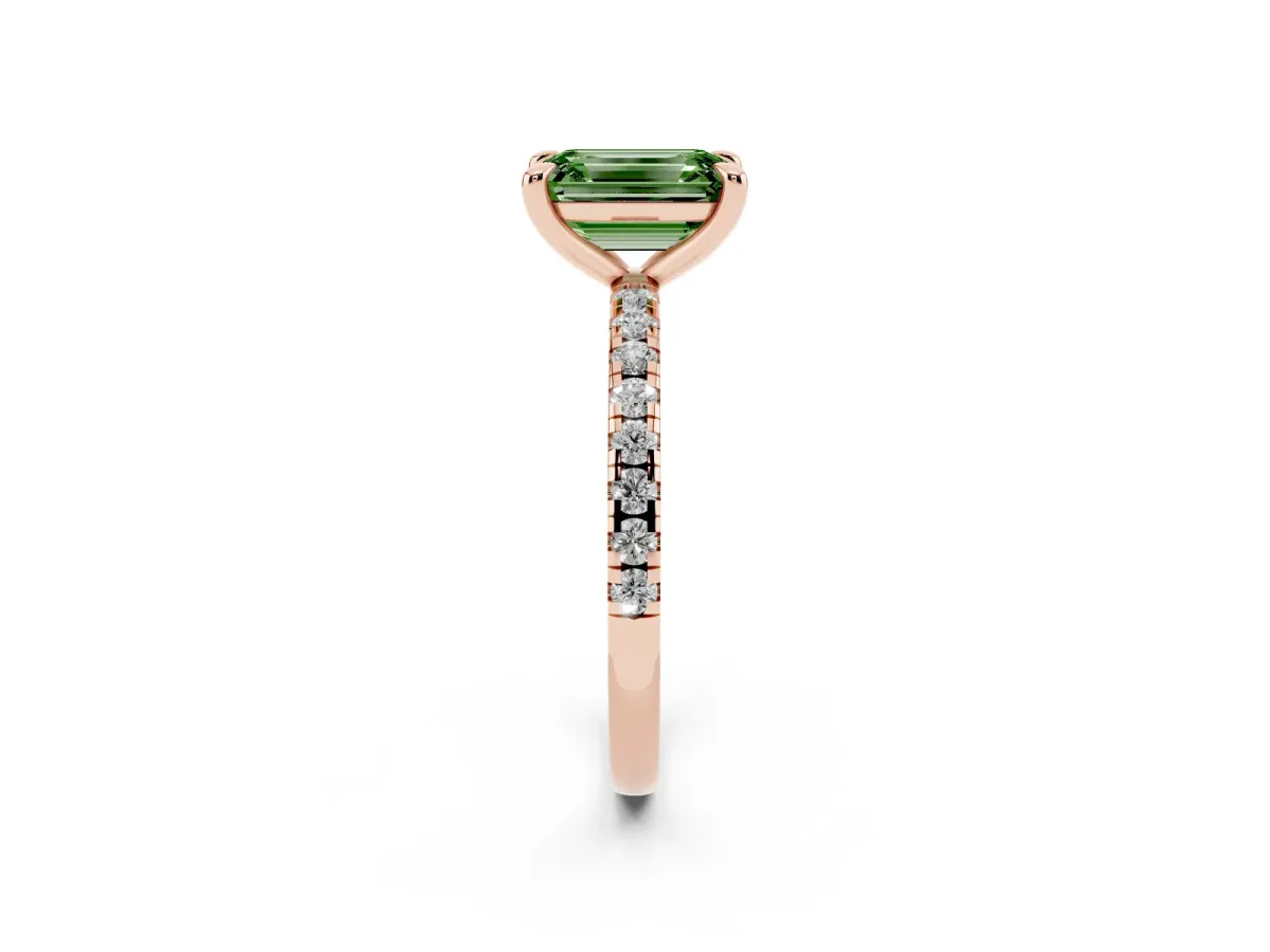 Fancy Green Emerald Cut Diamond Brilliant Solitaire Ring with Pavé Band and Four-Prong Setting Rose gold