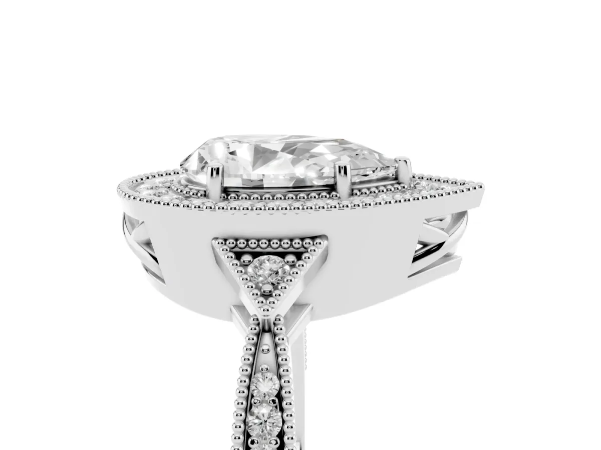 Pear Cut Halo Round Diamond Milgrain Pave Engagement Ring Silver