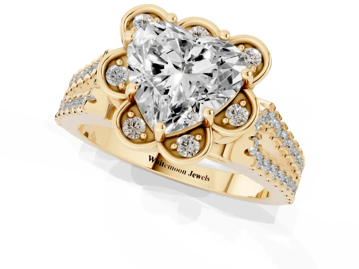 Heart Cut Halo Diamond Floral Split Shank Engagement Ring Yellow gold