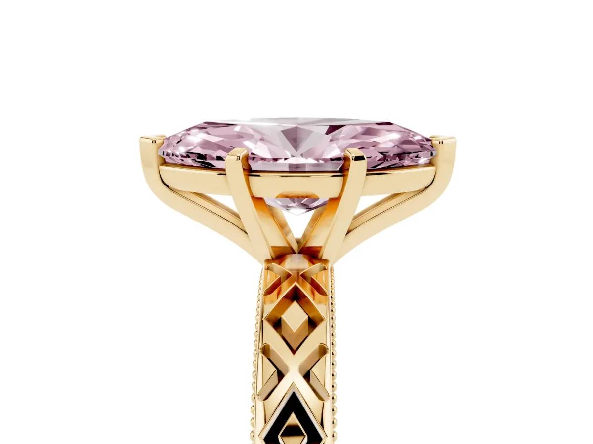 Fancy Pink Marquise Cut Solitaire Diamond Ring with Milgrain and Black Enamel X Pattern Band Yellow gold