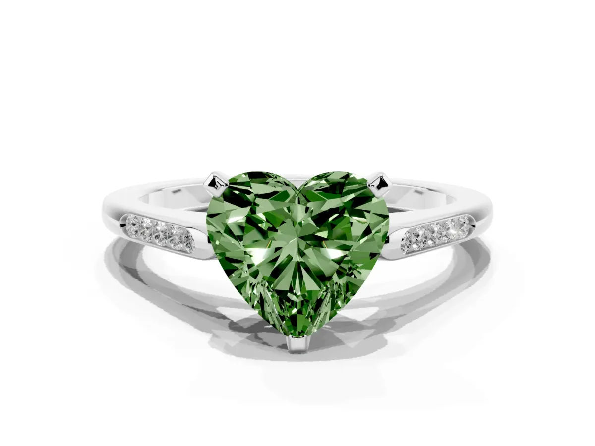 Fancy Green Heart Cut Diamond Solitaire Ring with Channel Set Round Band and Prong Setting Platinum