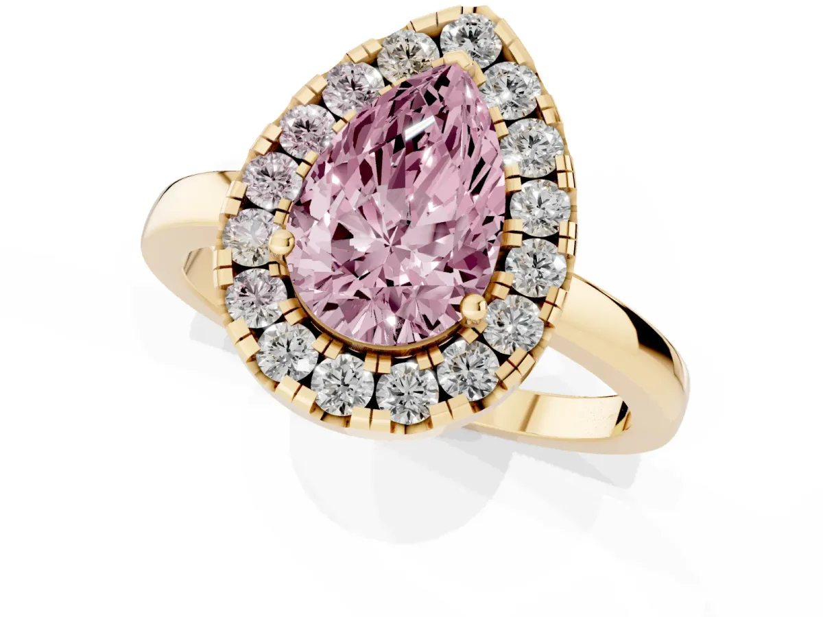 Fancy Pink Pear Cut Halo Diamond Solitaire with Pavé Band and Four-Prong Setting Yellow gold