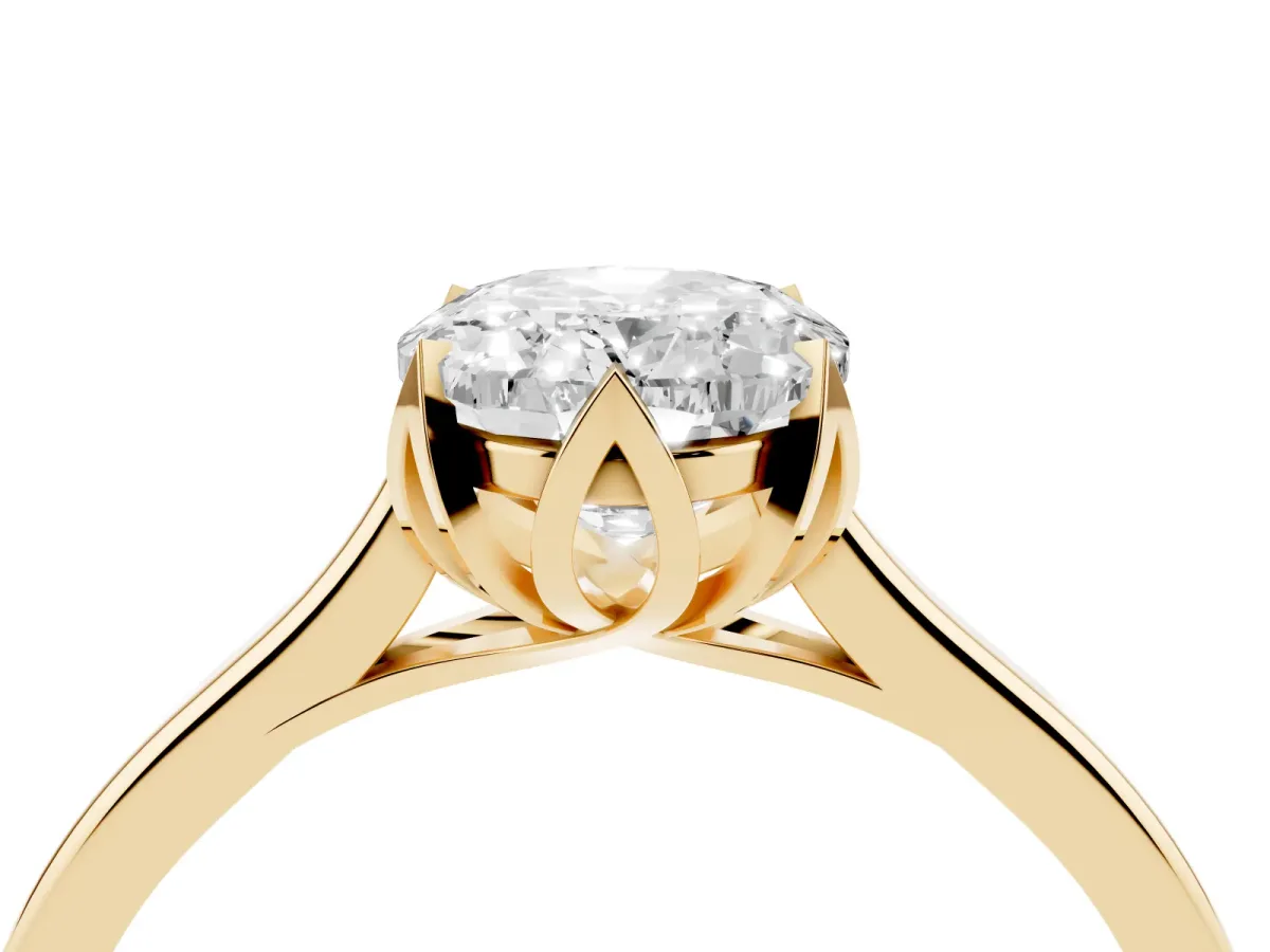 Oval Cut Diamond Solitaire Ring with Flower Prong Setting and Classic Band Yellow gold