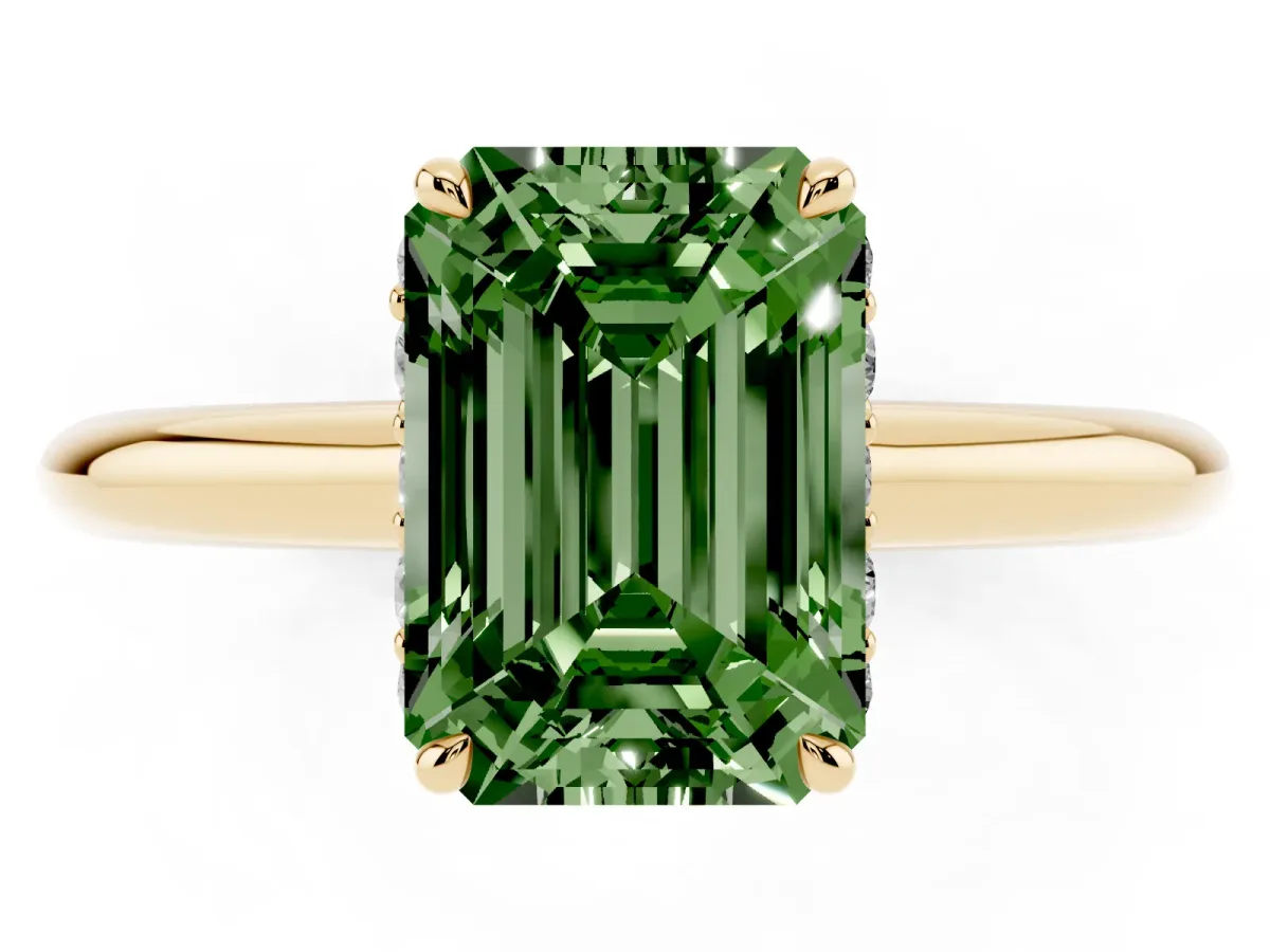 Fancy Green Emerald Cut Brilliant Solitaire Engagement Ring with Six-Prong Setting and Classic Band Yellow gold