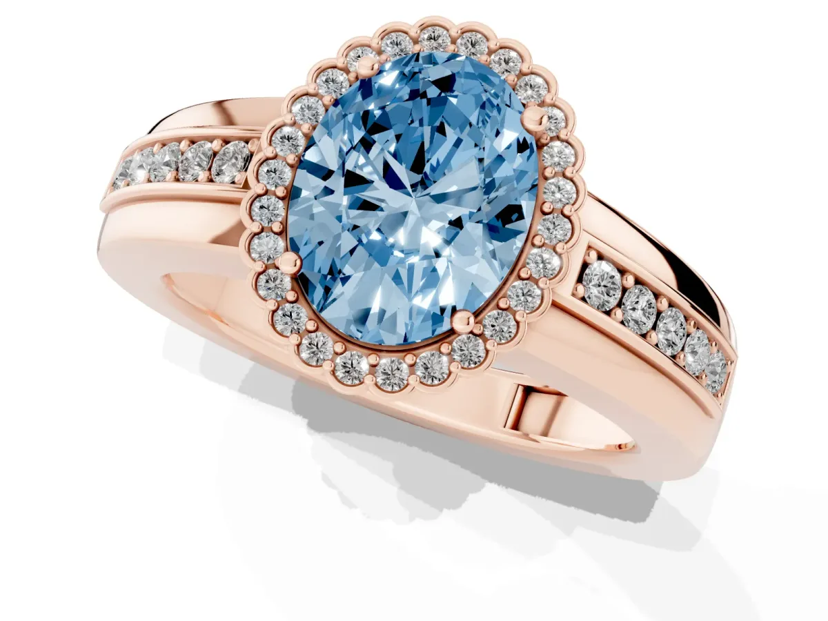 Fancy Blue Oval Cut Cut Halo Pave Band Four-Prong Ring Rose gold
