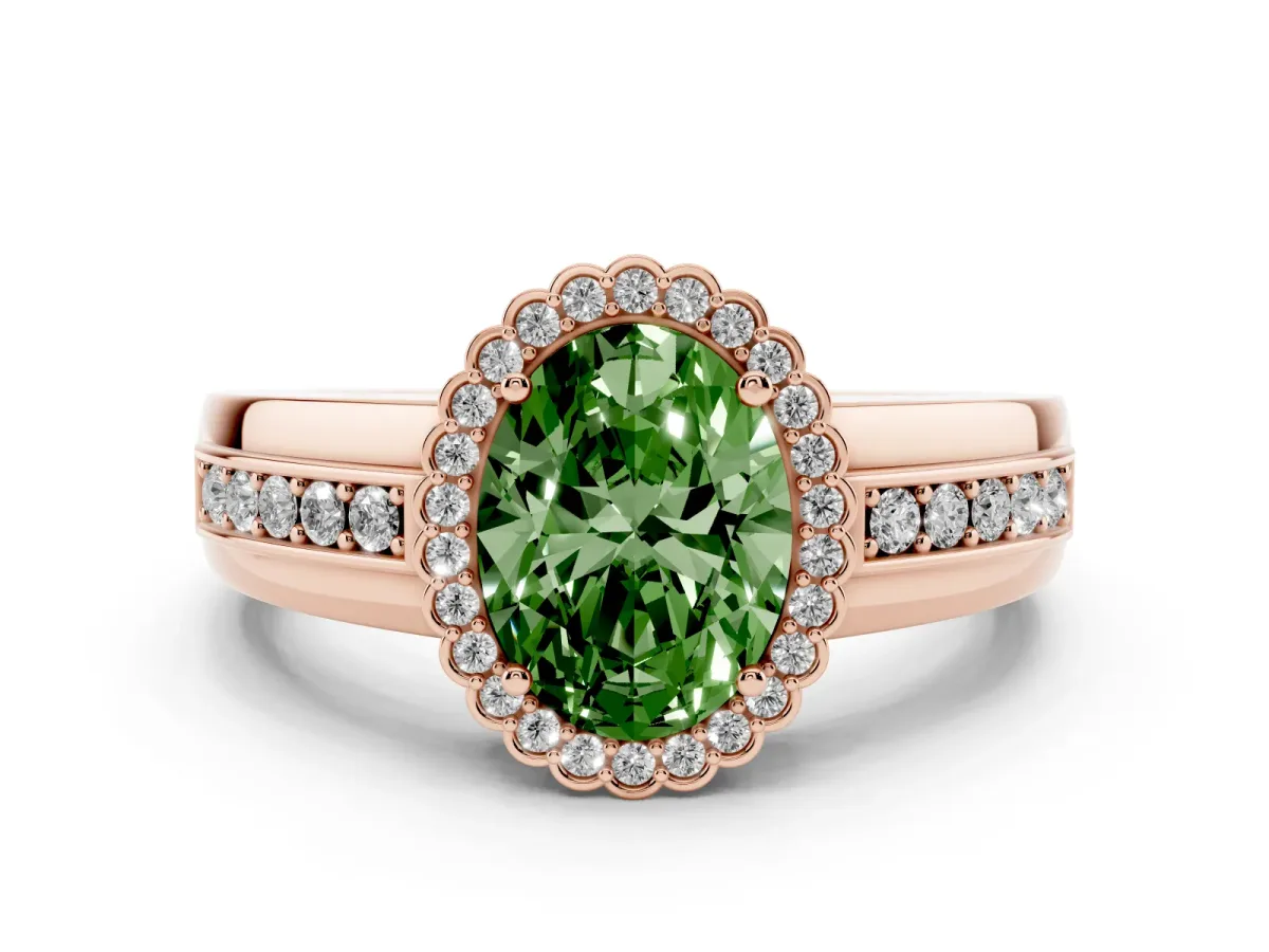 Fancy Green Oval Cut Cut Halo Pave Band Four-Prong Ring Rose gold