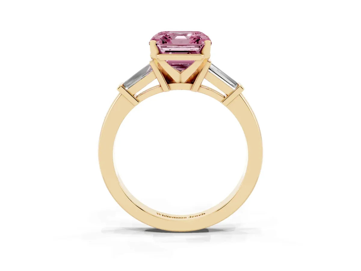 Fancy Pink Asscher Cut Cut Diamond Solitaire Ring with Tapered Baguette Accents and Four-Prong Setting Yellow gold