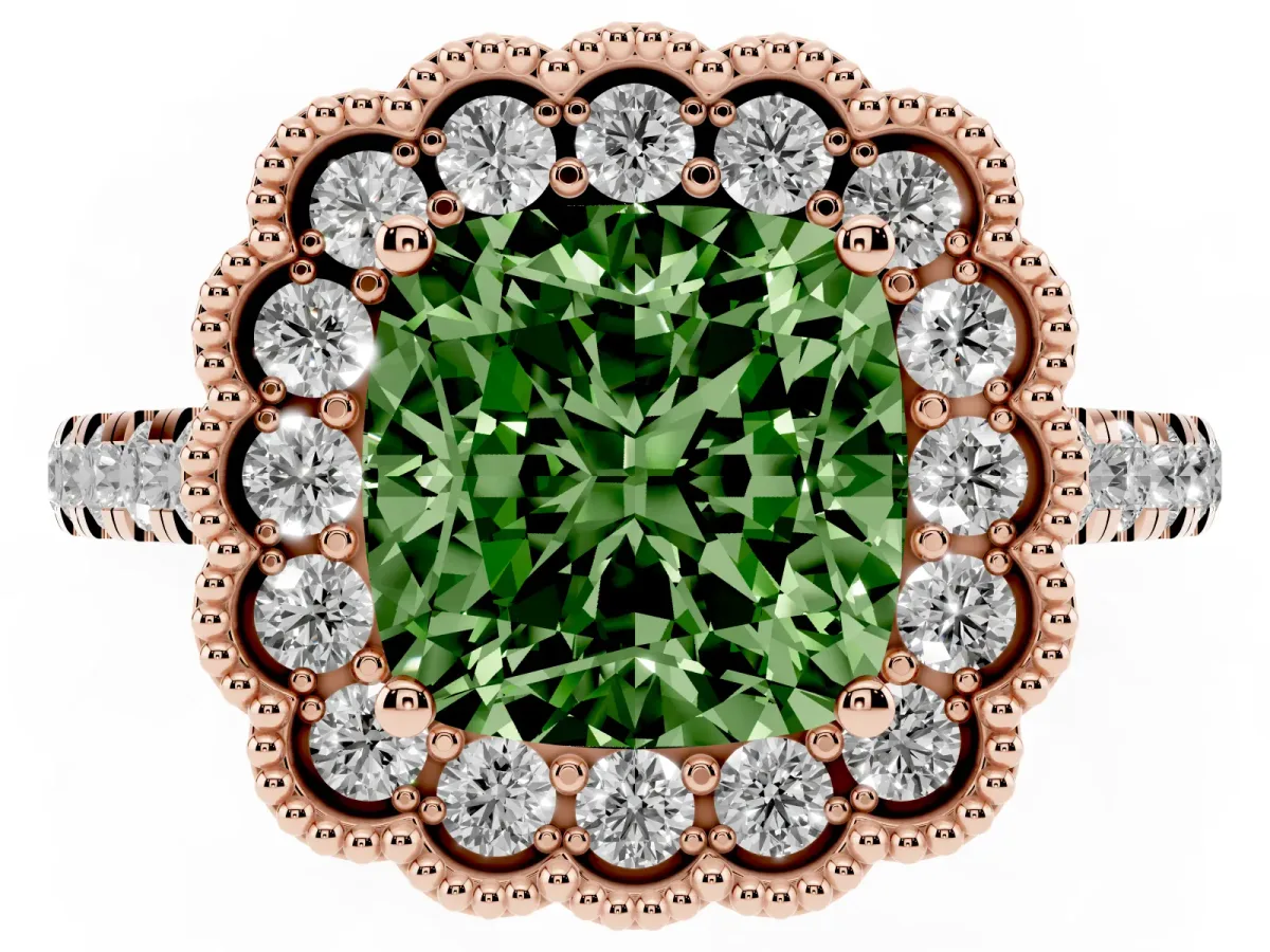 Fancy Green Cushion Cut Cut Diamond Milgrain Floral Halo Engagement Ring with Pavé Band Rose gold
