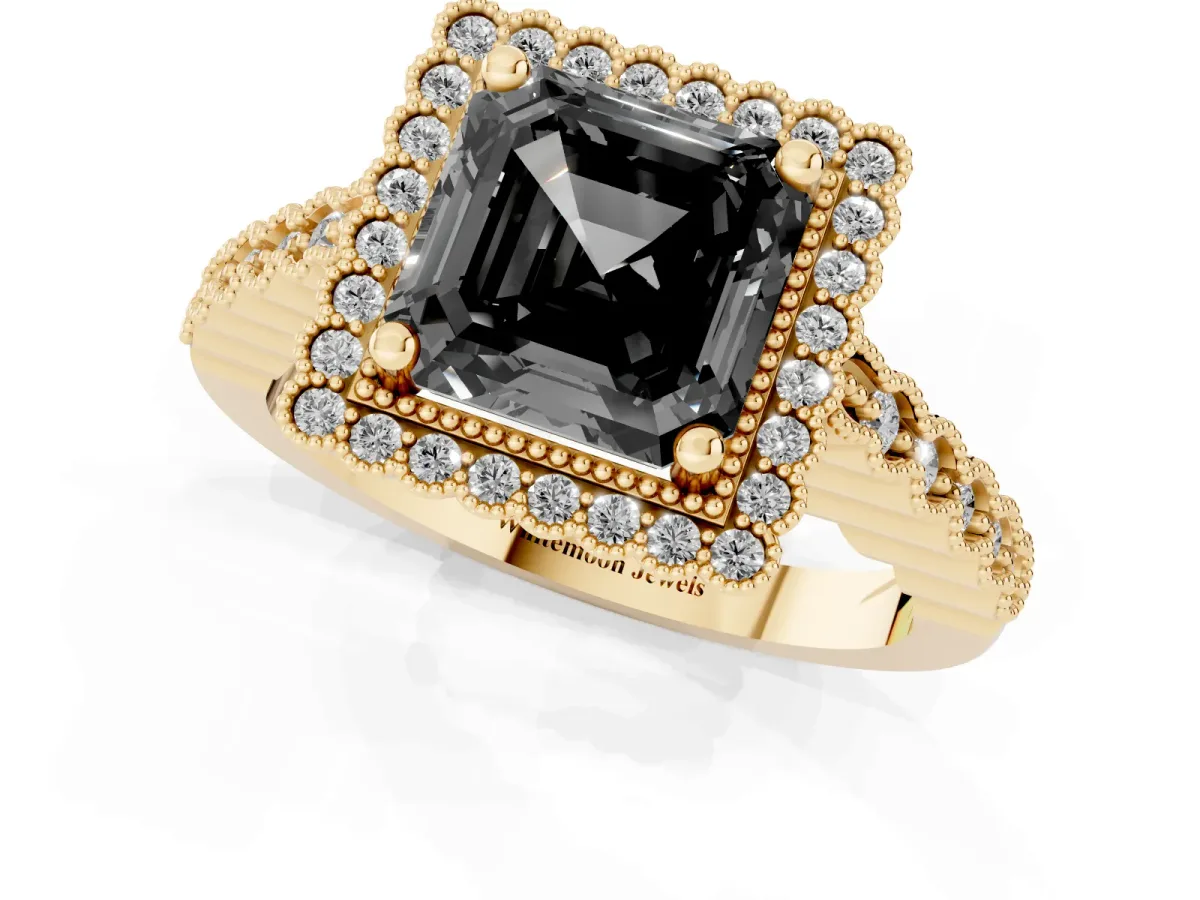 Fancy Black Asscher Cut Cut Halo Pavé Solitaire Ring with Milgrain Band Yellow gold