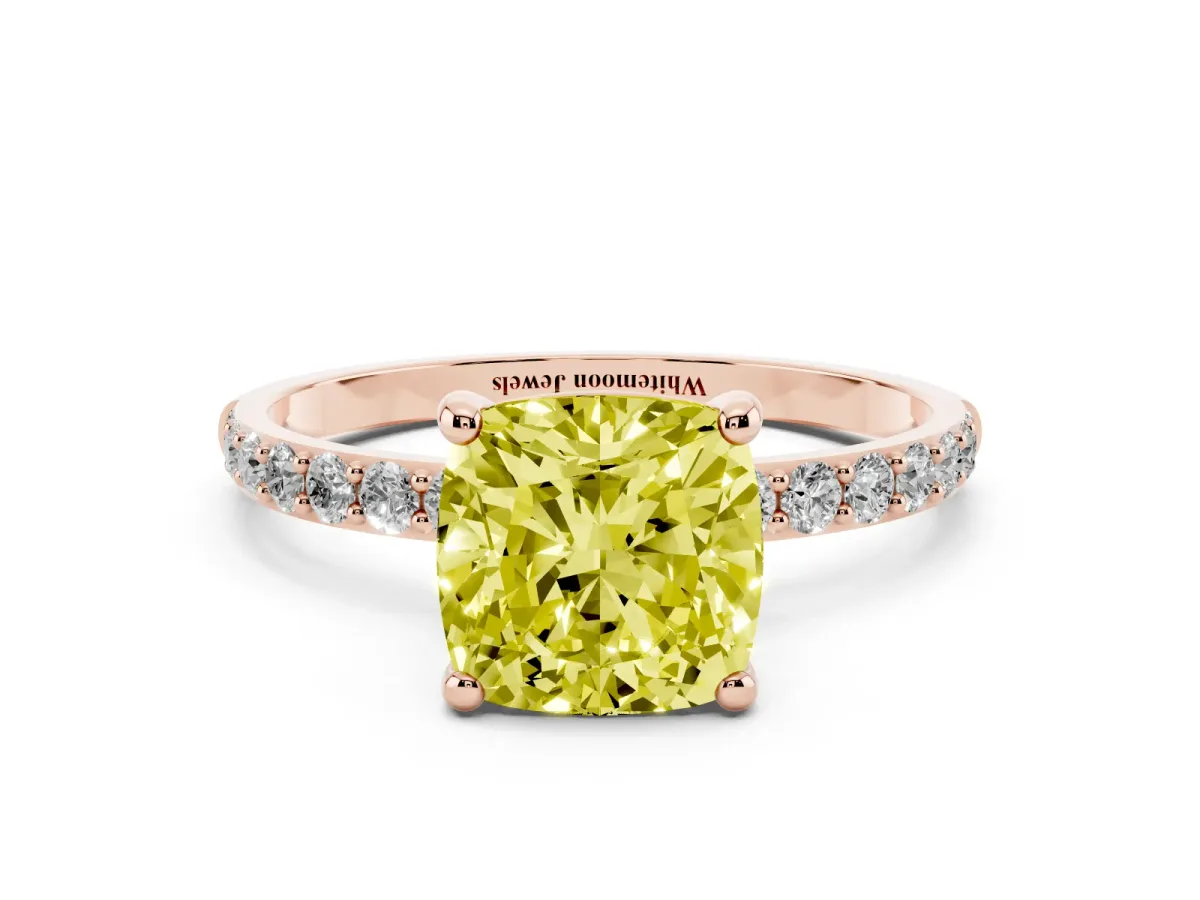 Fancy Yellow Cushion Cut Diamond Solitaire Ring with Round Pavé Band and Prong Setting Rose gold