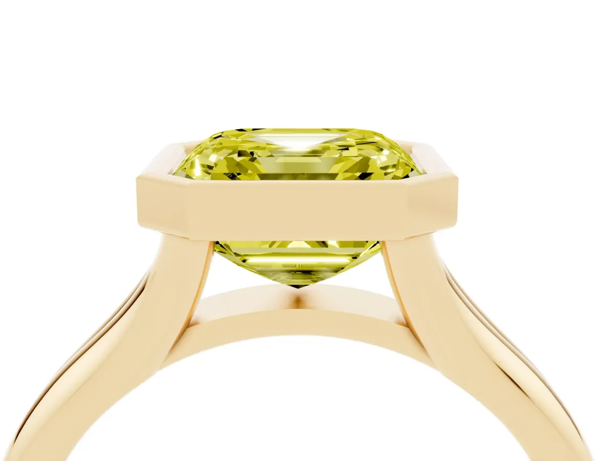 Fancy Yellow Bezel Set Asscher Cut Solitaire Diamond Ring with Smooth Band Yellow gold