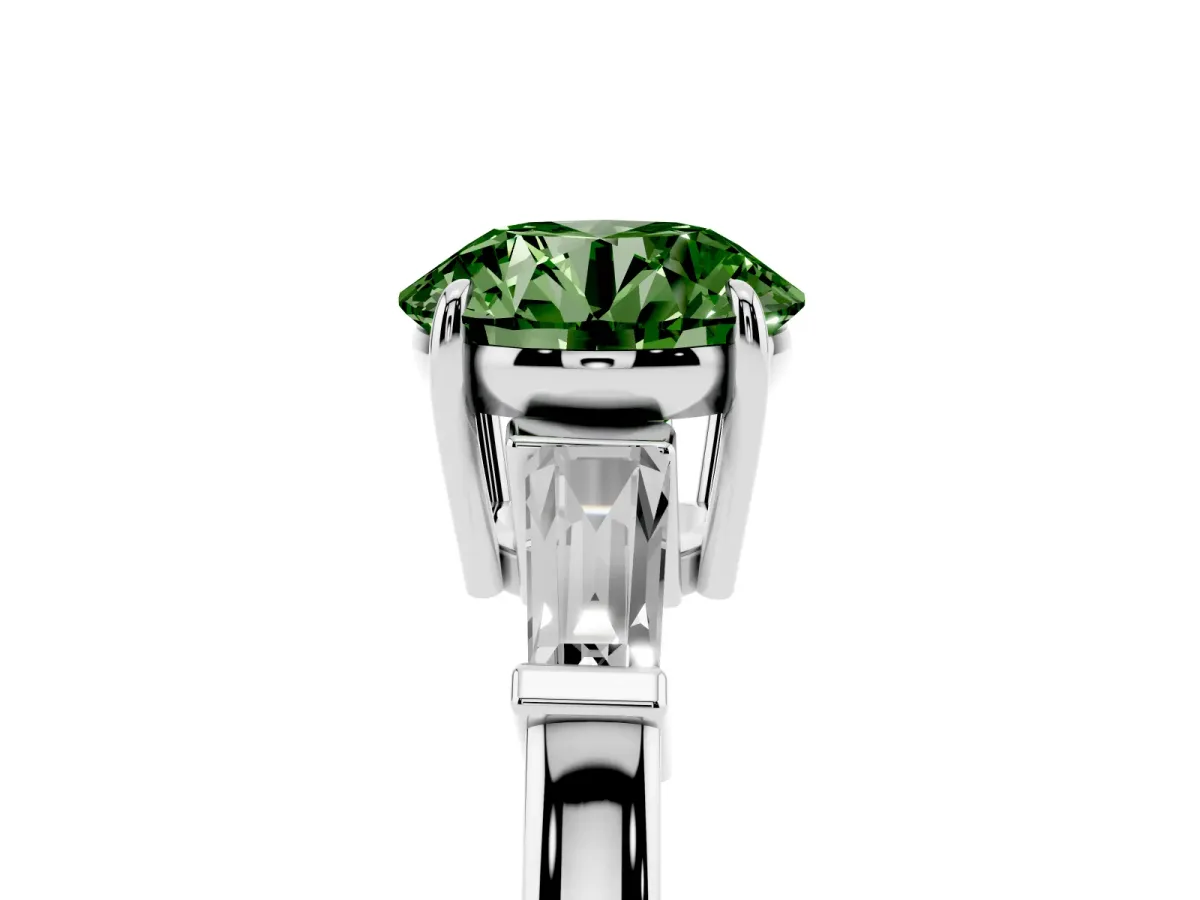 Fancy Green Round Cut Diamond Three-Stone Ring with Tapered Baguette Side Stones and Prong Setting Silver