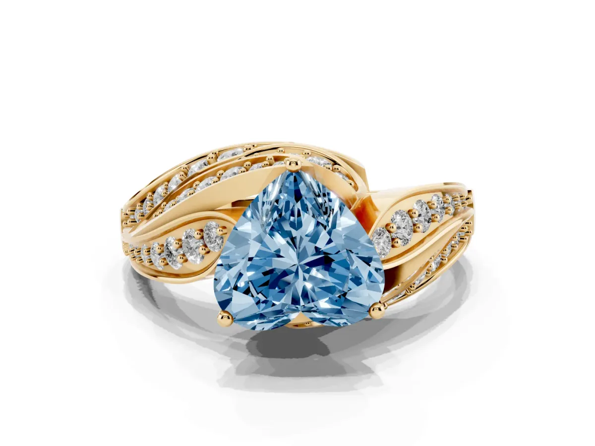 Fancy Blue Heart Cut Diamond Solitaire Ring with Prong Setting and Twisted Pavé Band Yellow gold
