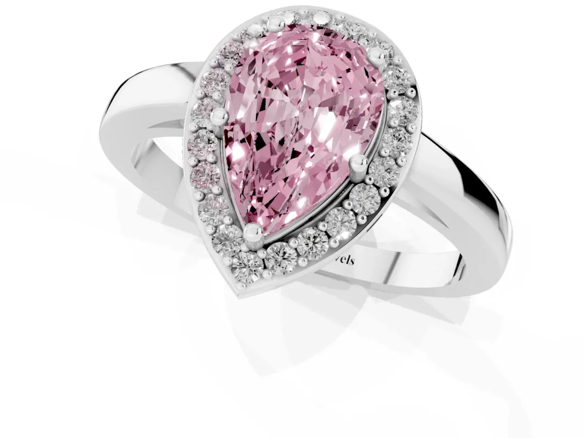 Fancy Pink Pear Cut Halo Diamond Ring with Solitaire Band and Prong Setting Silver