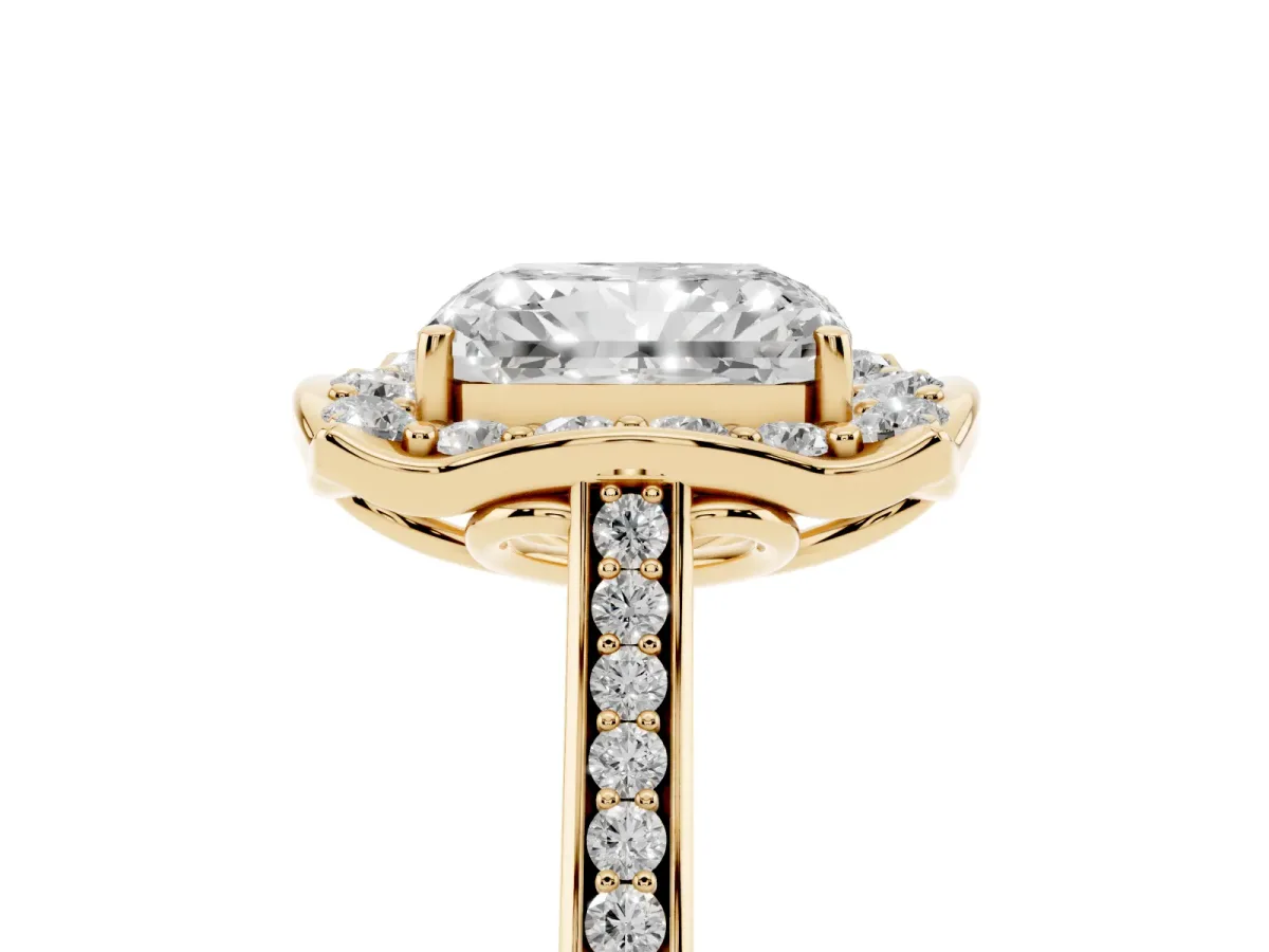 Radiant Cut Halo Round Diamond Pave Band with Four-Prong Setting Yellow gold