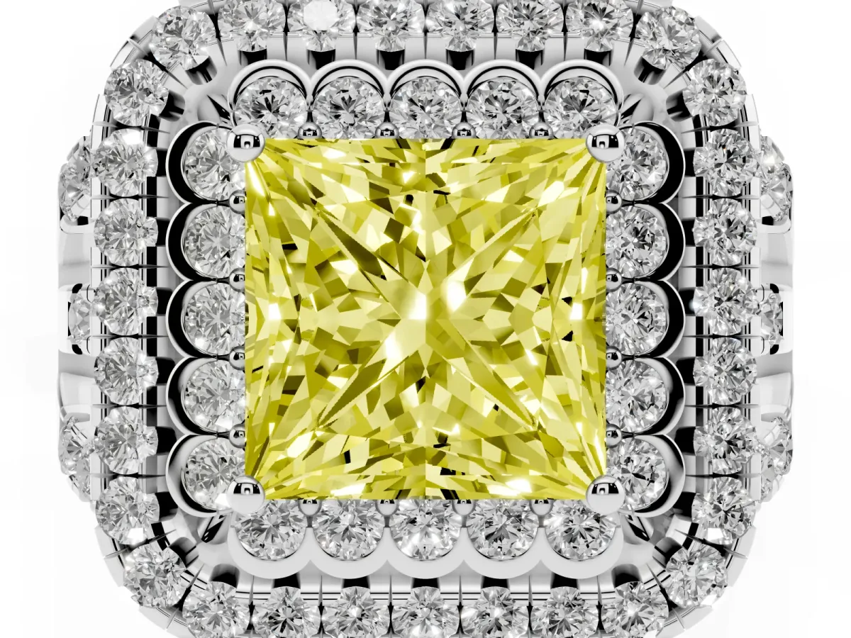 Fancy Yellow Princess Cut Diamond Double Halo Ring with Round Pavé Split Shank and Prong Setting Silver