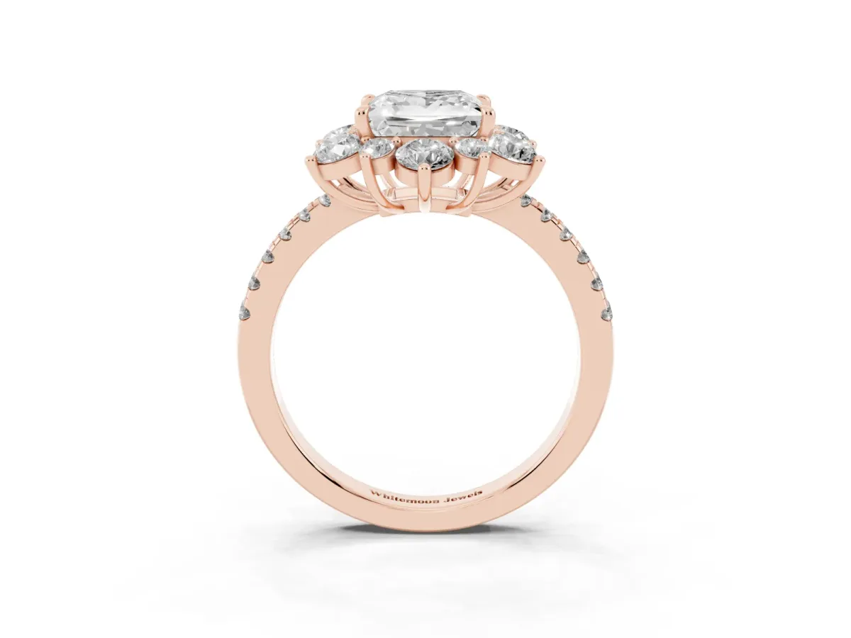 Princess Cut Diamond Floral Halo Ring with Round Pavé Band and Prong Setting Rose gold