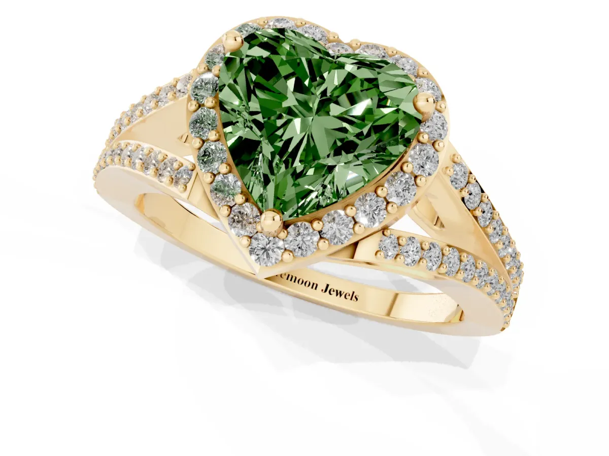 Fancy Green Heart Cut Halo Split Shank Diamond Ring with Prong Setting Yellow gold