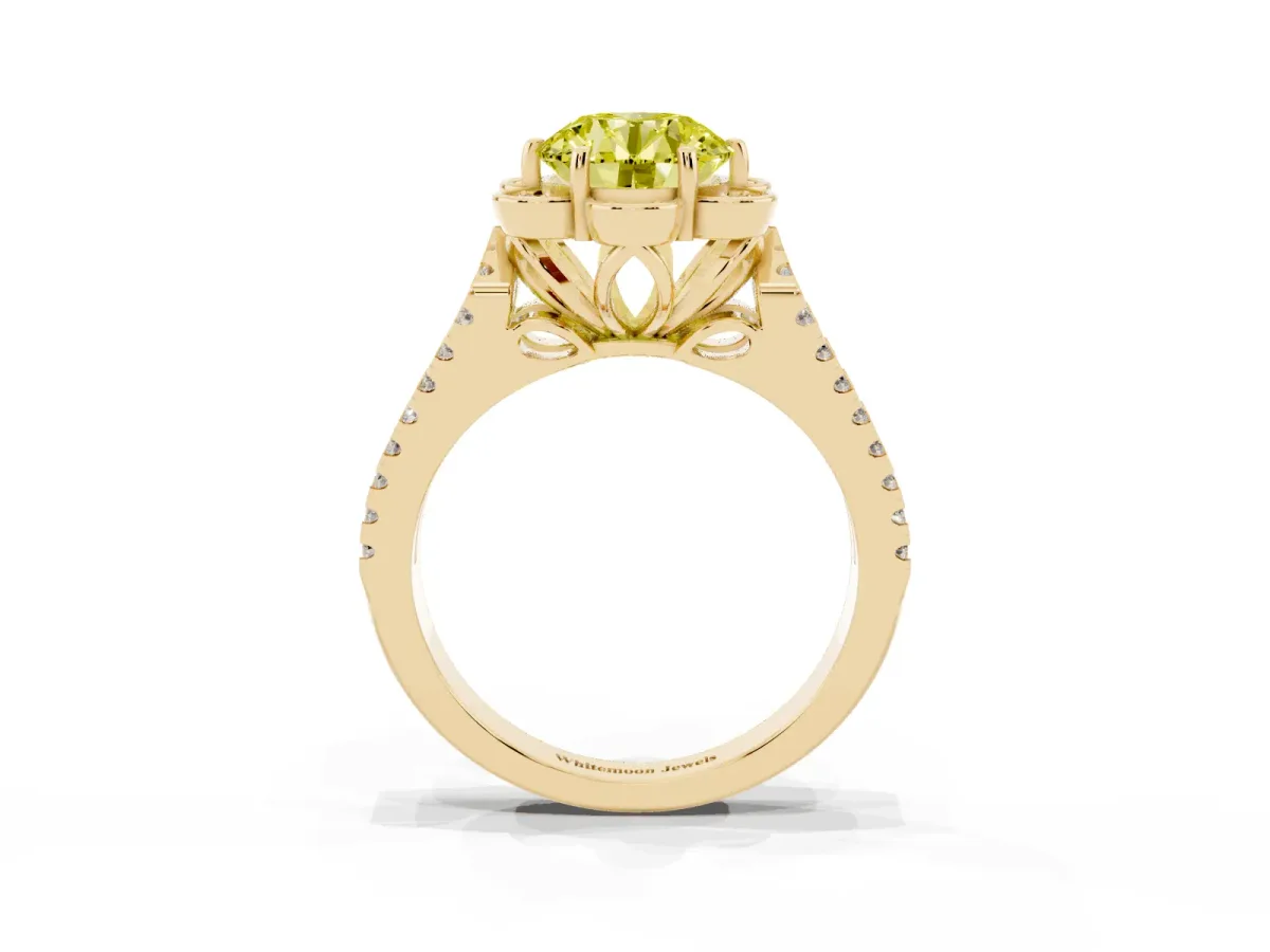Fancy Yellow Round Cut Halo Diamond Floral Split Shank Engagement Ring Yellow gold