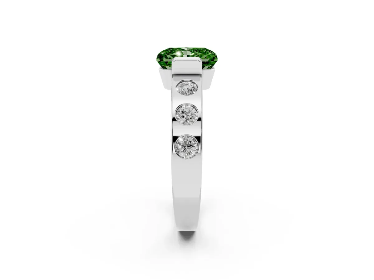 Fancy Green Radiant Cut Brilliant Channel-Set Diamond Ring with Bezel Prong Setting Silver