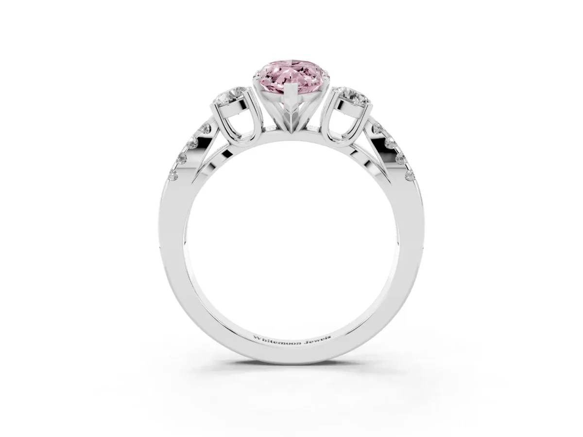 Fancy Pink Marquise Cut Diamond Three-Stone Ring with Pavé Split Shank and Four-Prong Setting Silver