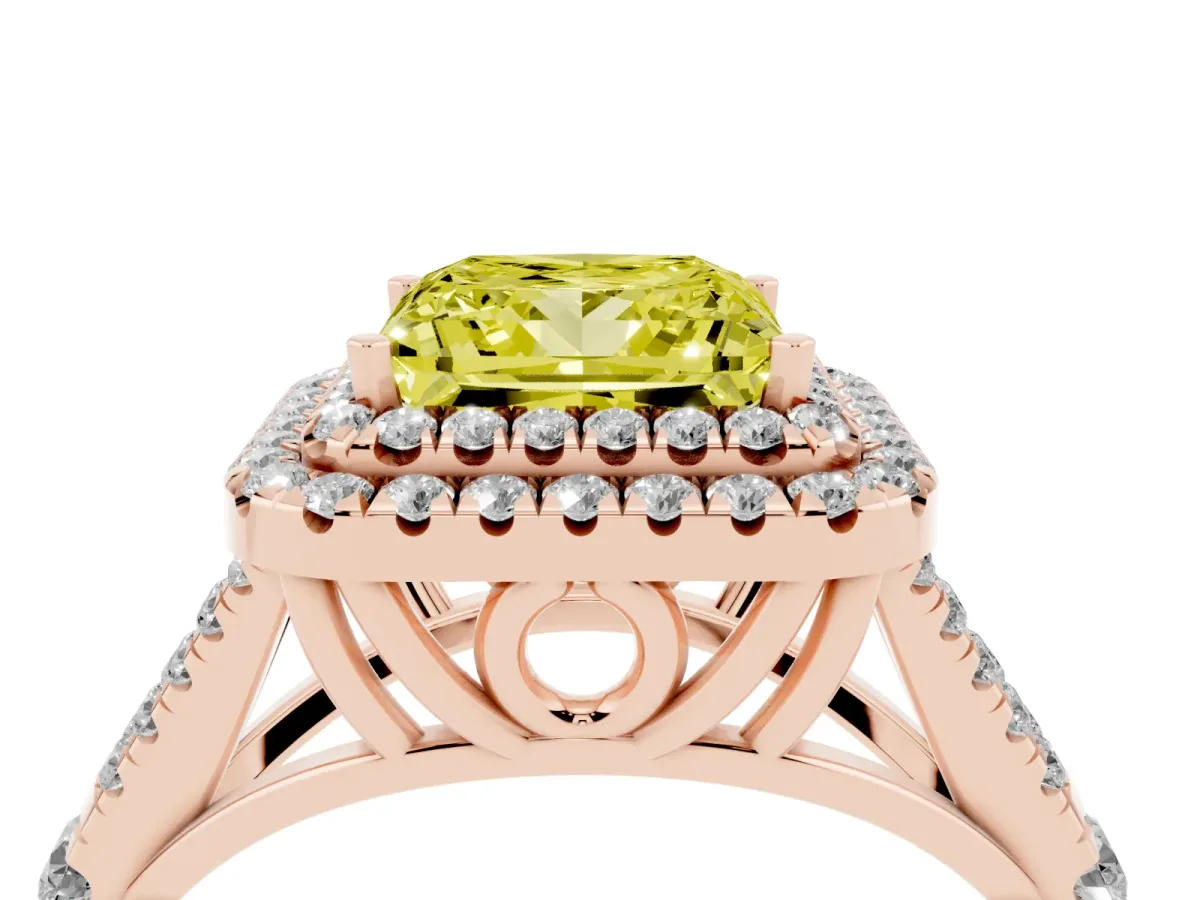 Fancy Yellow Princess Cut Diamond Double Halo Ring with Split Shank and Prong Setting Rose gold