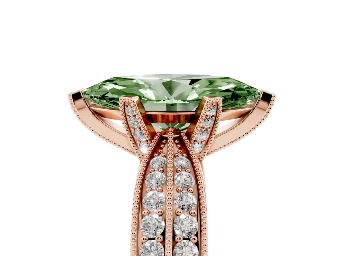 Fancy Green Marquise Cut Diamond Solitaire Ring with Milgrain Round Pavé Band and Prong Setting Rose gold