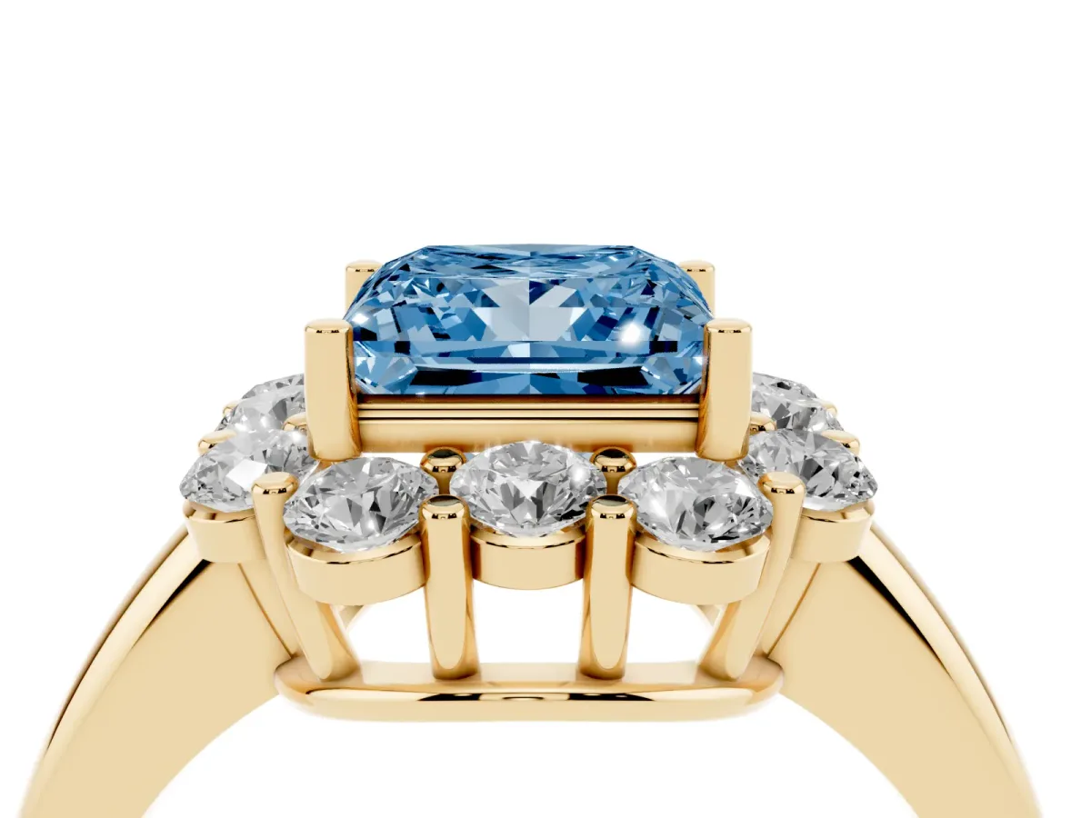 Fancy Blue Princess Cut Halo Milgrain Solitaire with Bezel Set Side Stones and Pave Band Yellow gold