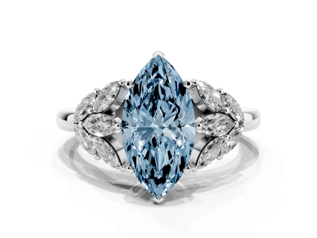 Fancy Blue Marquise Cut Diamond Cluster Leaf Design Ring with Prong Setting Silver