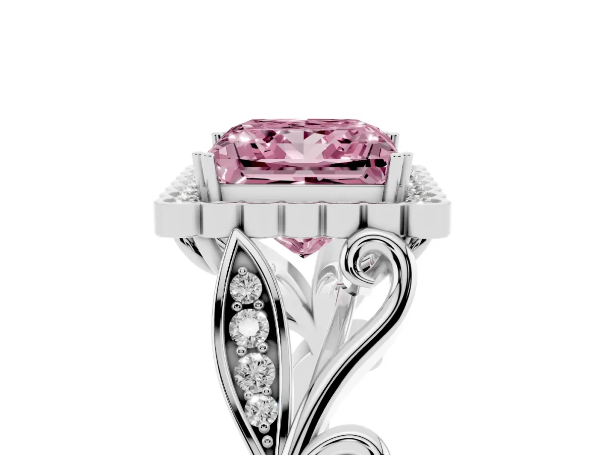 Fancy Pink Princess Cut Diamond Halo Ring with Vintage Split Shank and Four-Prong Setting Silver