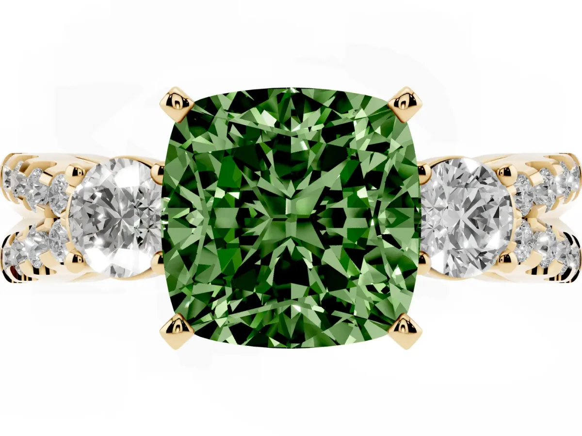 Fancy Green Cushion Cut Diamond Three-Stone Ring with Pavé Split Shank and Four-Prong Setting Yellow gold