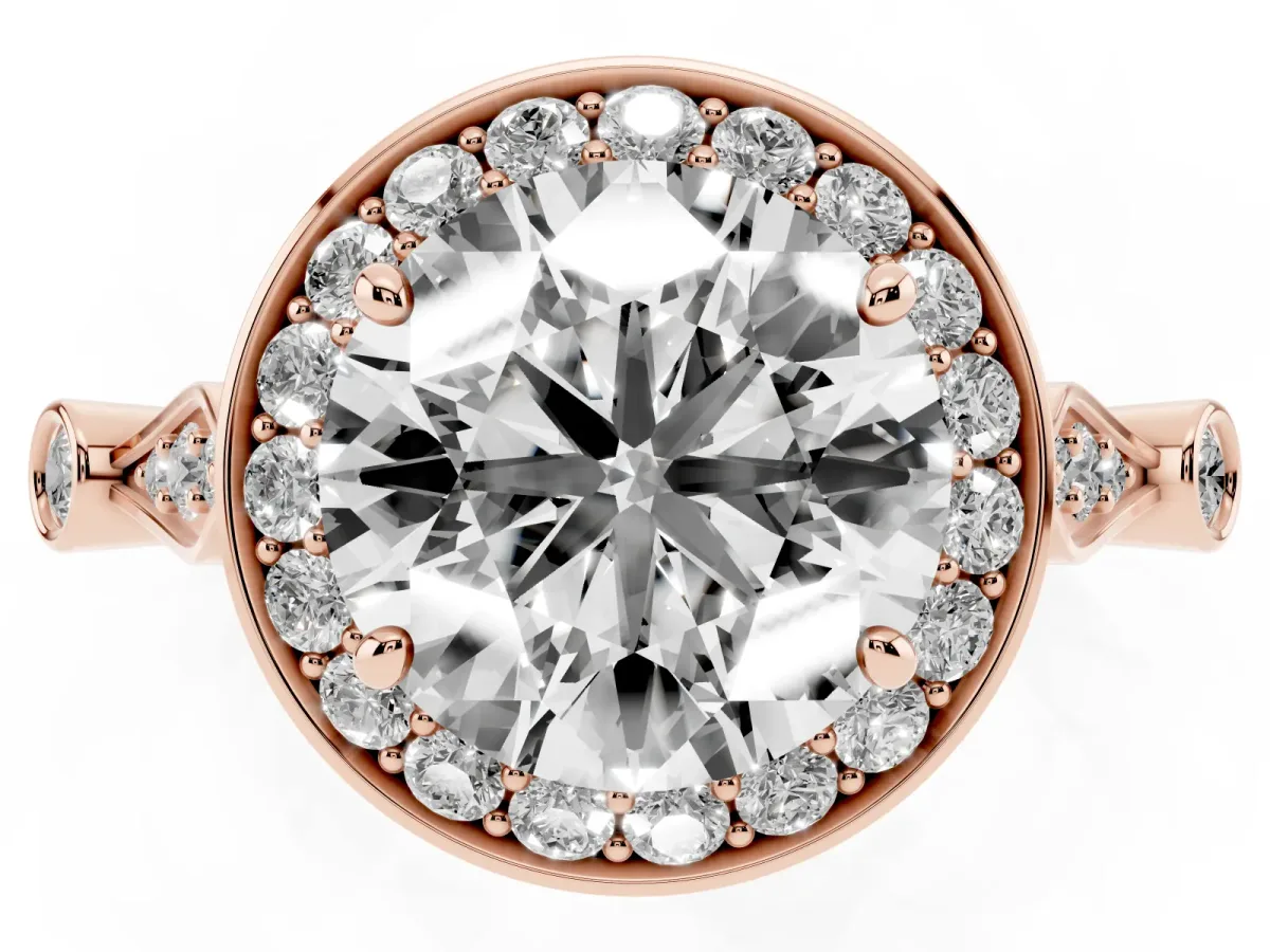 Round Cut Halo Diamond Engagement Ring with Twisted Band and Four-Prong Setting Rose gold