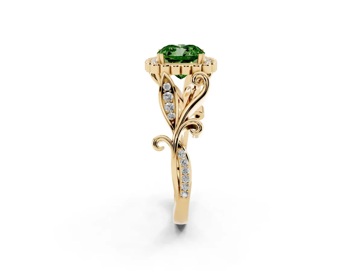 Fancy Green Cushion Cut Diamond Halo Ring with Vintage Split Shank and Four-Prong Setting Yellow gold