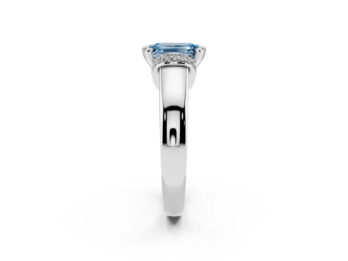 Fancy Blue Emerald Cut Solitaire Diamond Ring with Pave Band and Six-Prong Setting Platinum