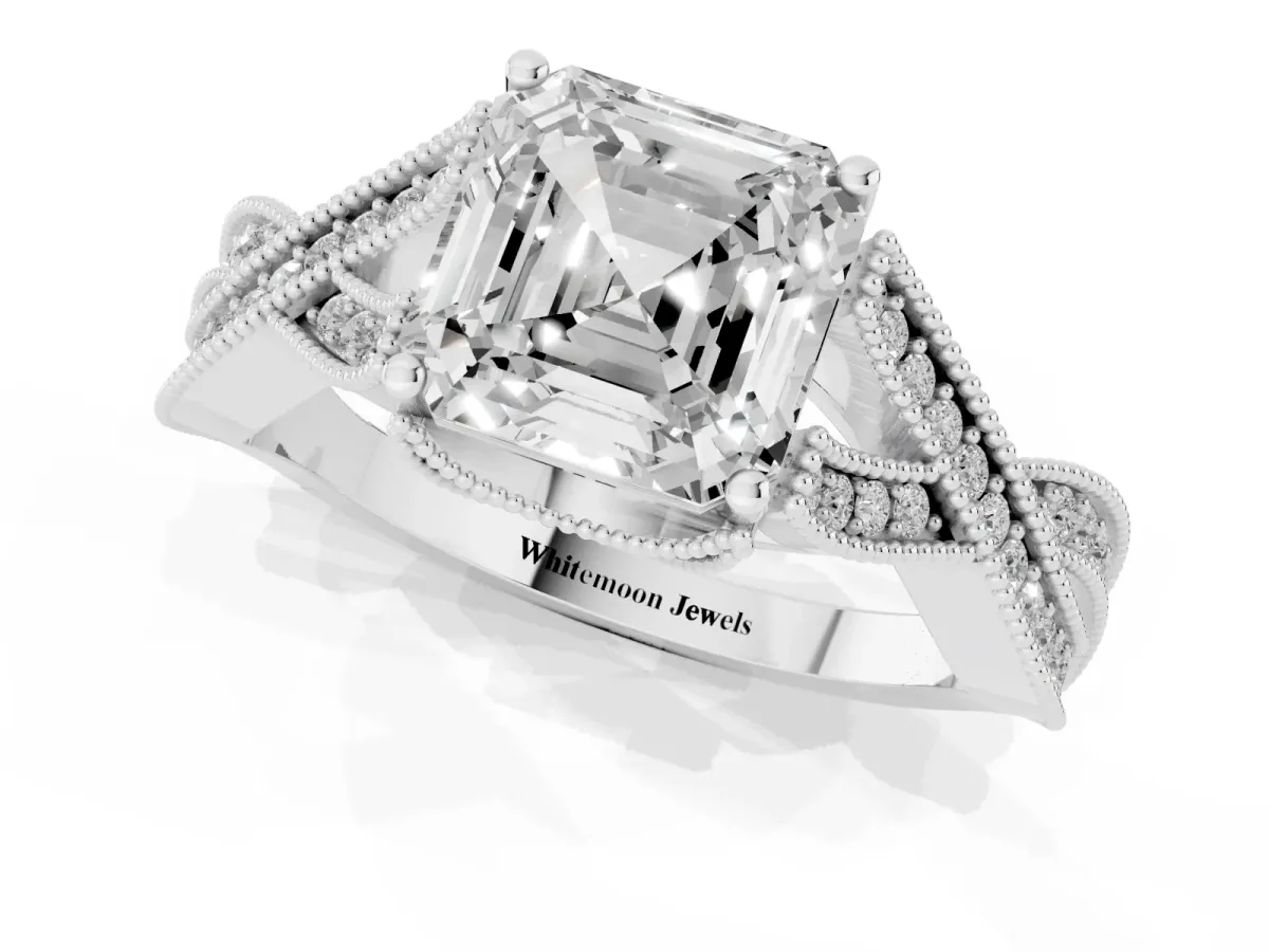Asscher Cut Cut Diamond Twisted Band with Milgrain Pave Setting and Four-Prong Setting Silver
