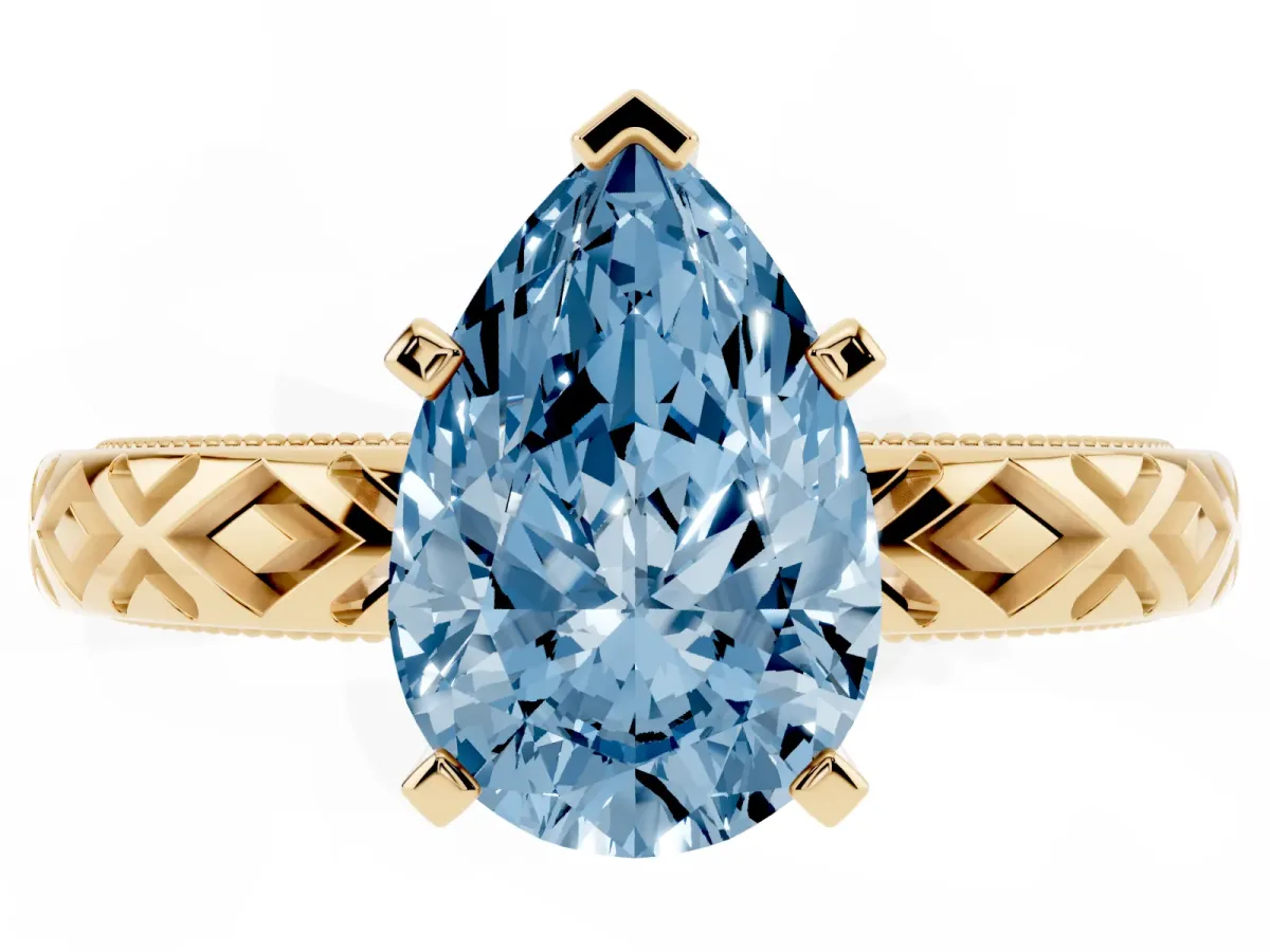 Fancy Blue Pear Cut Solitaire Diamond Ring with Milgrain and Black Enamel X Pattern Band Yellow gold