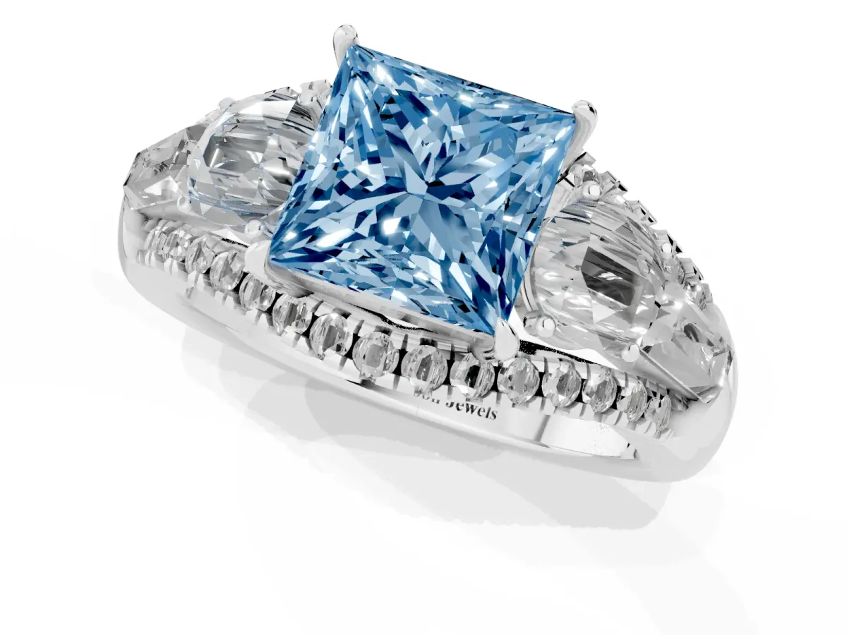 Fancy Blue Three-Stone Princess Cut Diamond Engagement Ring with Pave Band and Prong Setting White gold