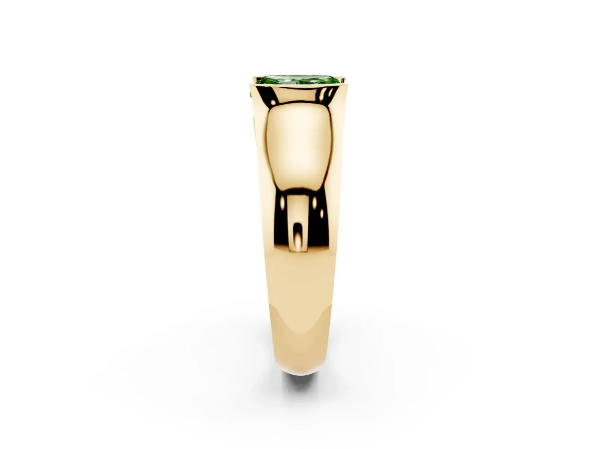 Fancy Green Radiant Cut Solitaire Bezel Set Diamond Ring with Wide Band Yellow gold
