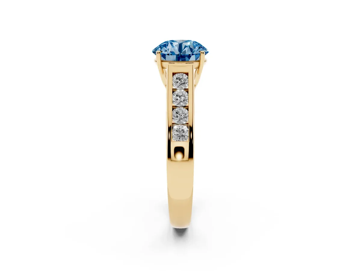Fancy Blue Round Cut Brilliant Channel-Set Solitaire Ring with Four-Prong Setting Yellow gold