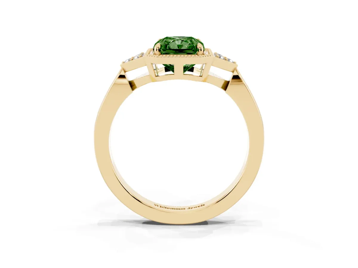 Fancy Green Radiant Cut Diamond Halo Ring with Tapered Band and Four-Prong Setting Yellow gold