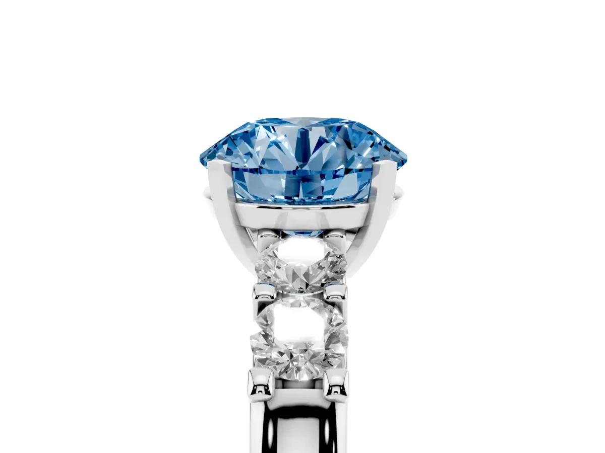 Fancy Blue Round Cut Brilliant Cut Diamond Five-Stone Prong Set Engagement Ring with Channel Band Silver