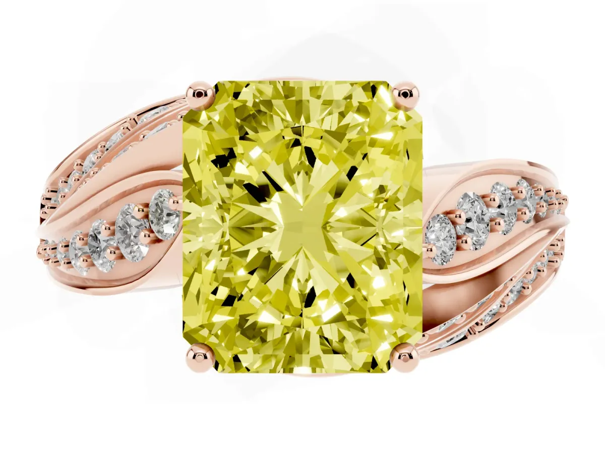 Fancy Yellow Radiant Cut Diamond Solitaire Ring with Prong Setting and Twisted Pavé Band Rose gold