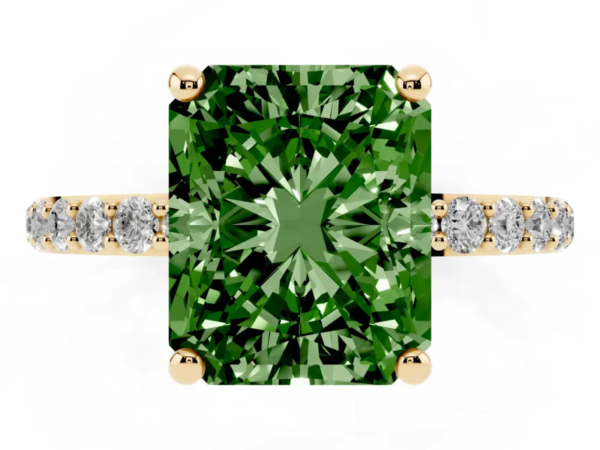 Fancy Green Radiant Cut Diamond Solitaire Ring with Round Pavé Band and Prong Setting Yellow gold