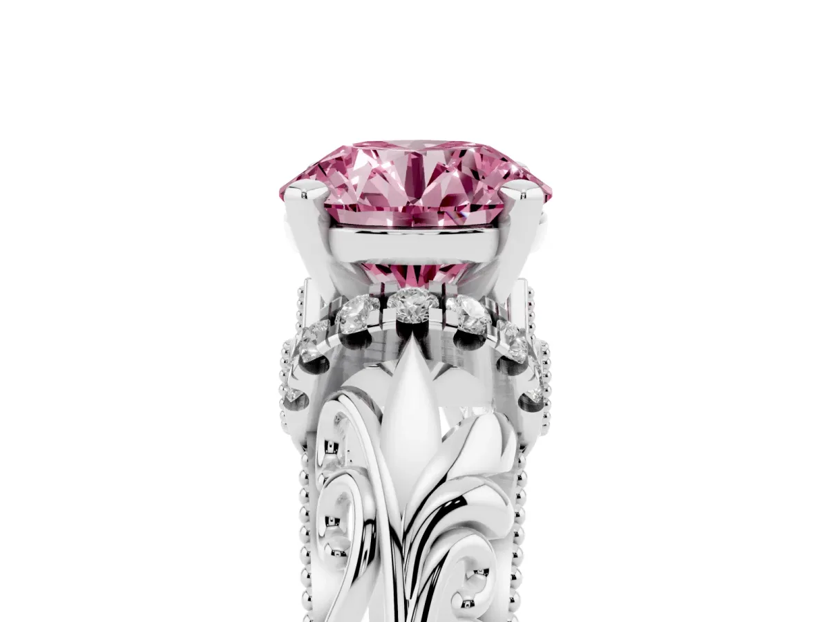 Fancy Pink Round Cut Solitaire Filigree Engagement Ring with Halo and Prong Setting Platinum
